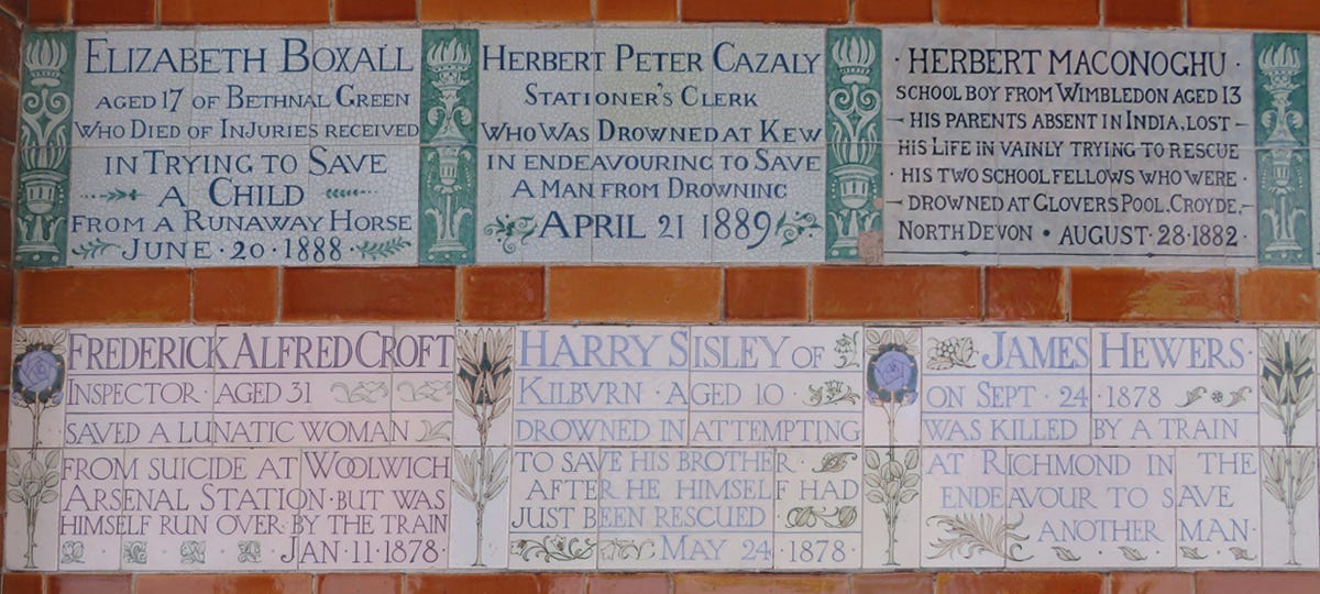 6 ceramic plaques denoting people who gave their lives saving others