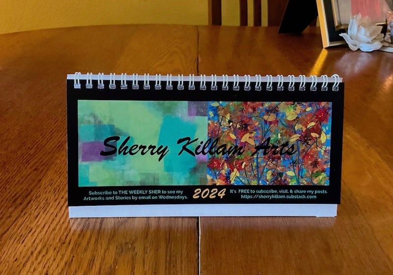Cover art for 2024 calendar by Sherry Killam Arts, with one minimalist and one complex composition.