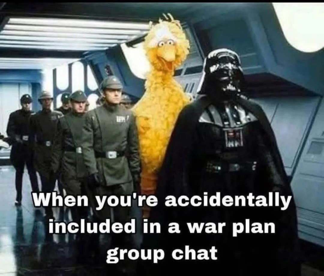 May be a meme of 5 people and text that says 'H When you're accidentally included in a war plan group chat'