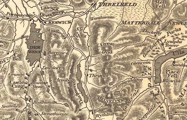 Derwent Water and Helvellyn, as mapped by Jonathan Otley