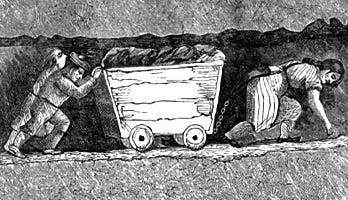 A black and white illustration that shows the inside of a coal mine. On the left are two children (called trappers) who push a wagon or corf full of coal to the surface. On the right is a woman, or trapper, who pulls the corf.