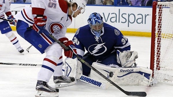 ben bishop fighting for goal against canadiens game 4 stanley cup playoffs 2015