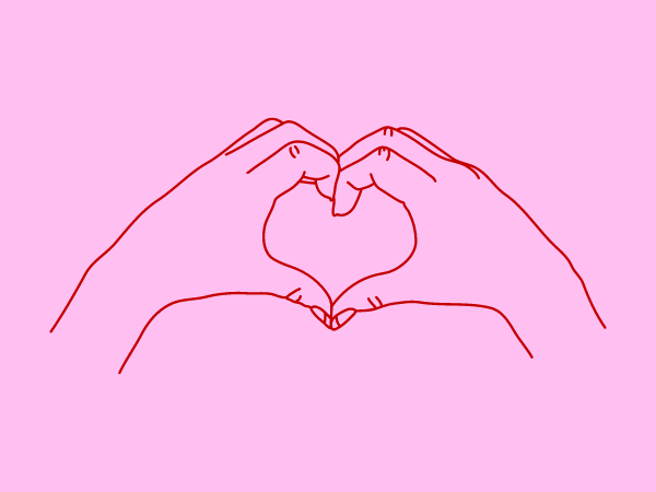 Red line drawing against a pink background of two hands forming a heart shape
