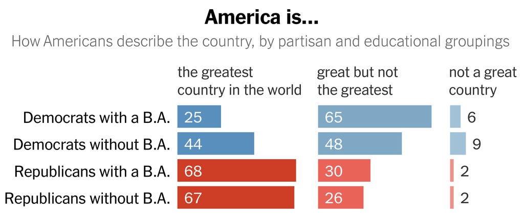 The chart shows how Americans describe the country, broken down by political affiliation and education. 