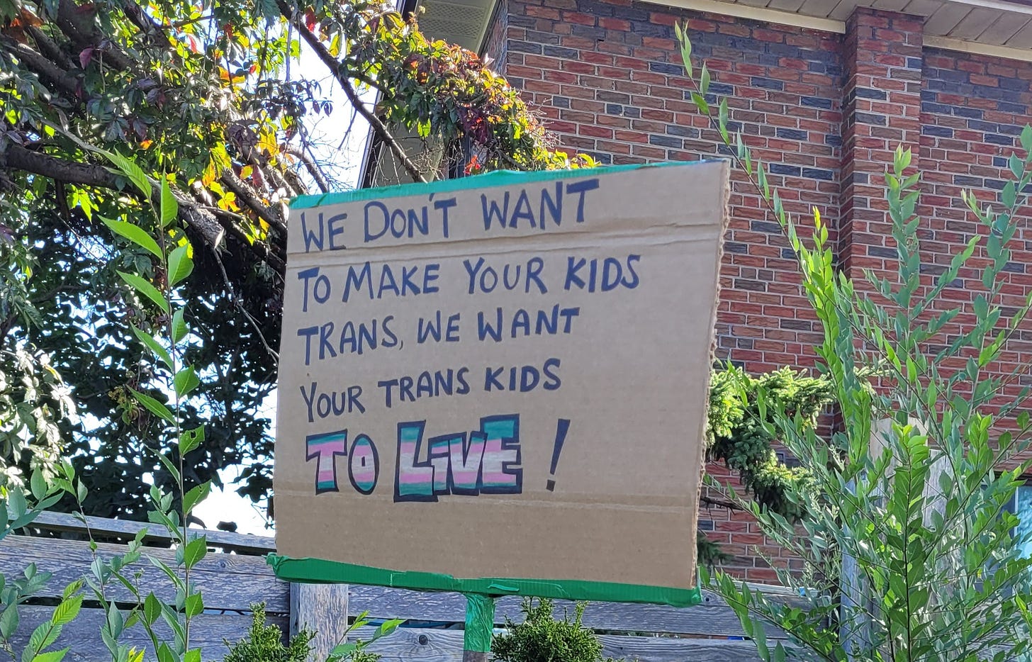 A sign reads "We don't want to make your kids trans, we want your trans kids to live!"