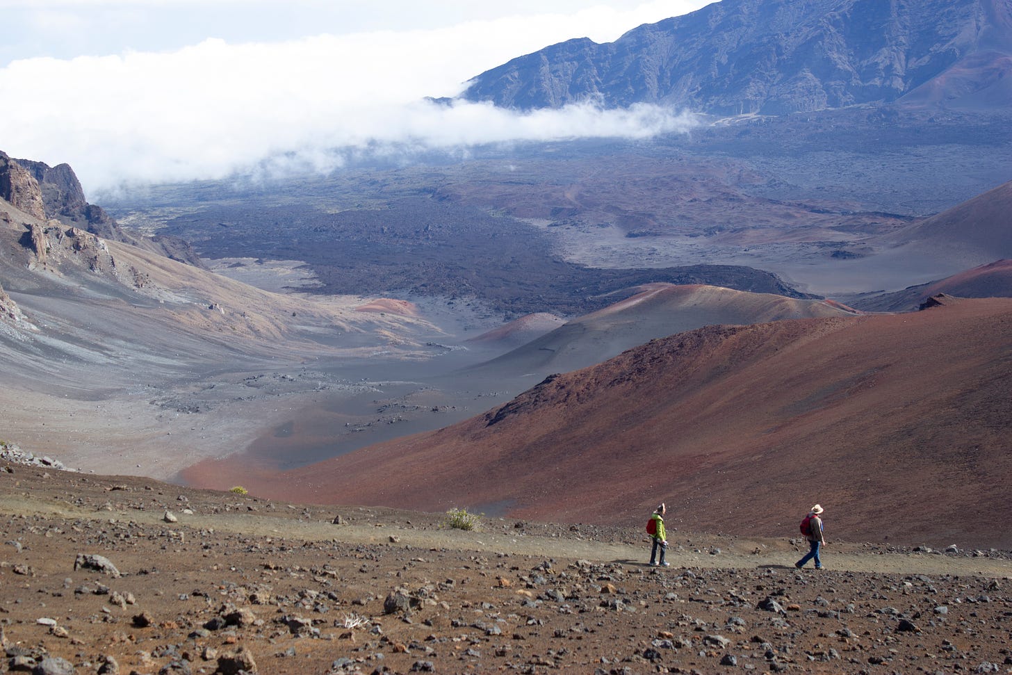 Two figures, one wearing a bright green jacket and a floppy hat and one wearing a broad-brimmed white hat and light brown shirt look over the vast, reddish brown soil of a volcano from a hiking trail. They're dwarfed by the caldera. The dark brown rock of a former lava flow runs through the center of the image toward green fields and thick whiteish gray crowds flowing just into the caldera.