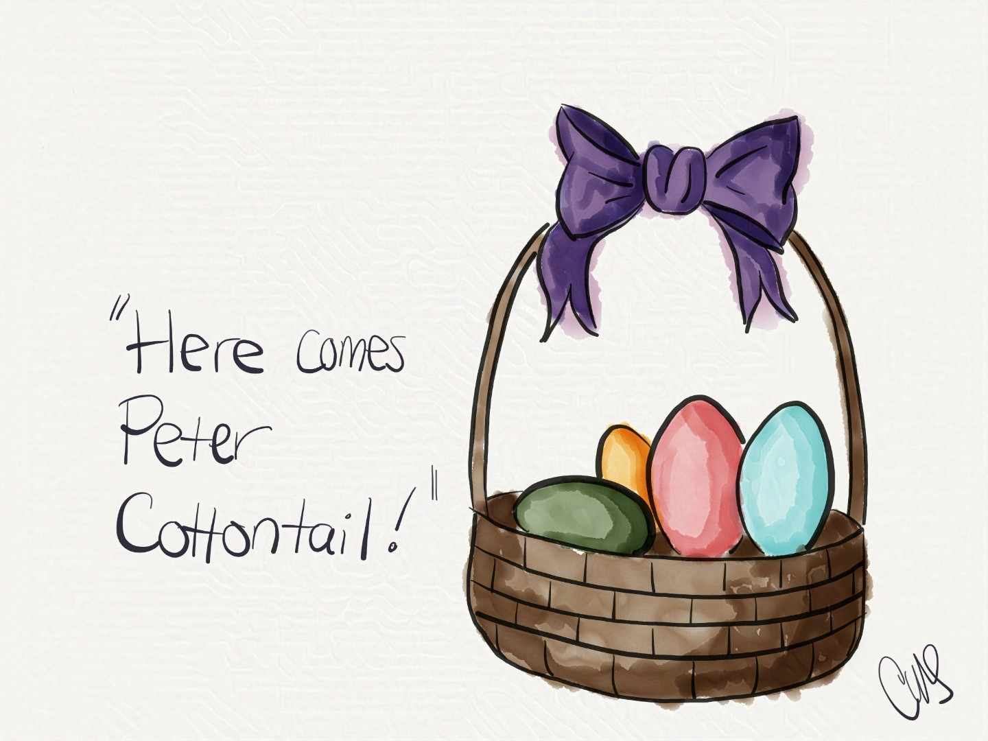 easter basket with text "Here comes Peter Cottontail".