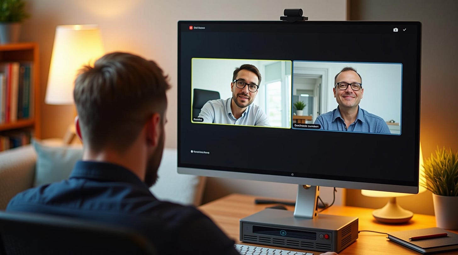 A man attending a virtual meeting on a desktop at home