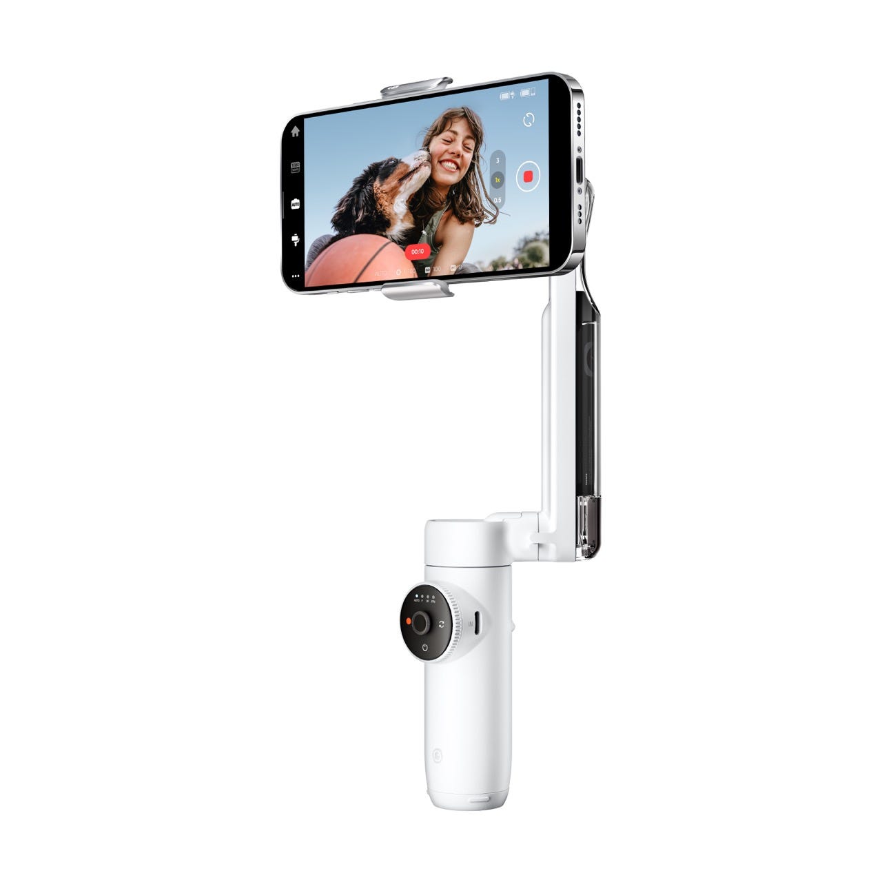 Product image of the Insta360 Flow, a gimbal with a hand grip, stabilizing arm, and a smartphone attached.