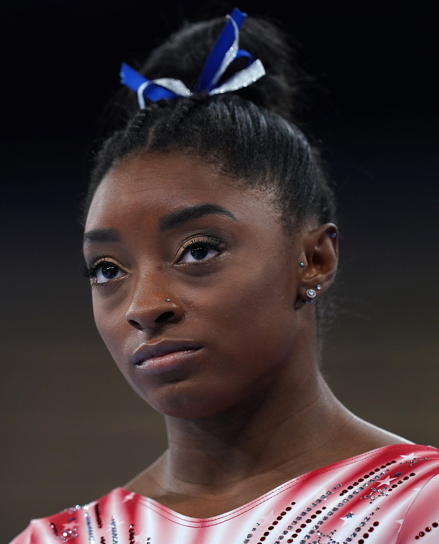 Simone looking concerned at the Tokyo Olympics