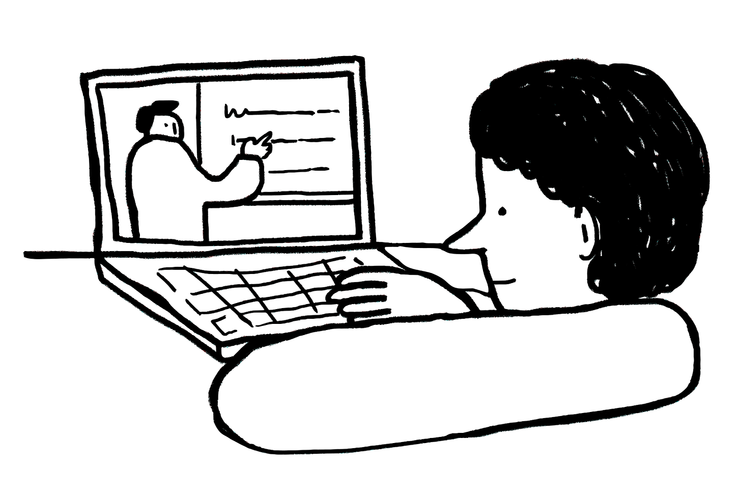 a black and white illustration of a person at their laptop watching someone point at lines on a board