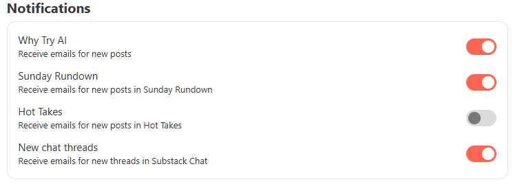 Managing Notification settings in Substack - Why Try AI section toggles