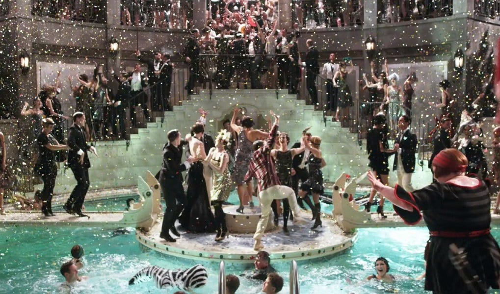 A party scene from Baz Luhrmann's 2013 The Great Gatsby.
