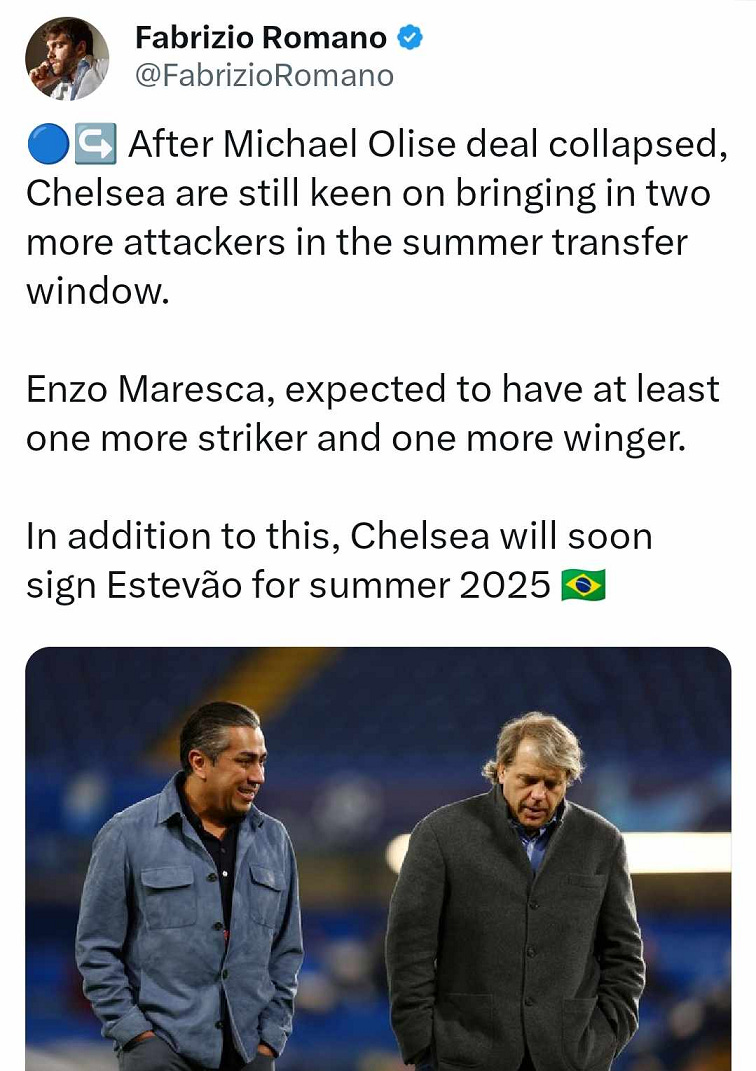 A tweet by Fabrizio Romano about Chelsea