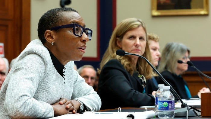 Harvard University president Claudine Gay, left, and University of Pennsylvania president Elizabeth Magill at a hearing before Congress on Tuesday 