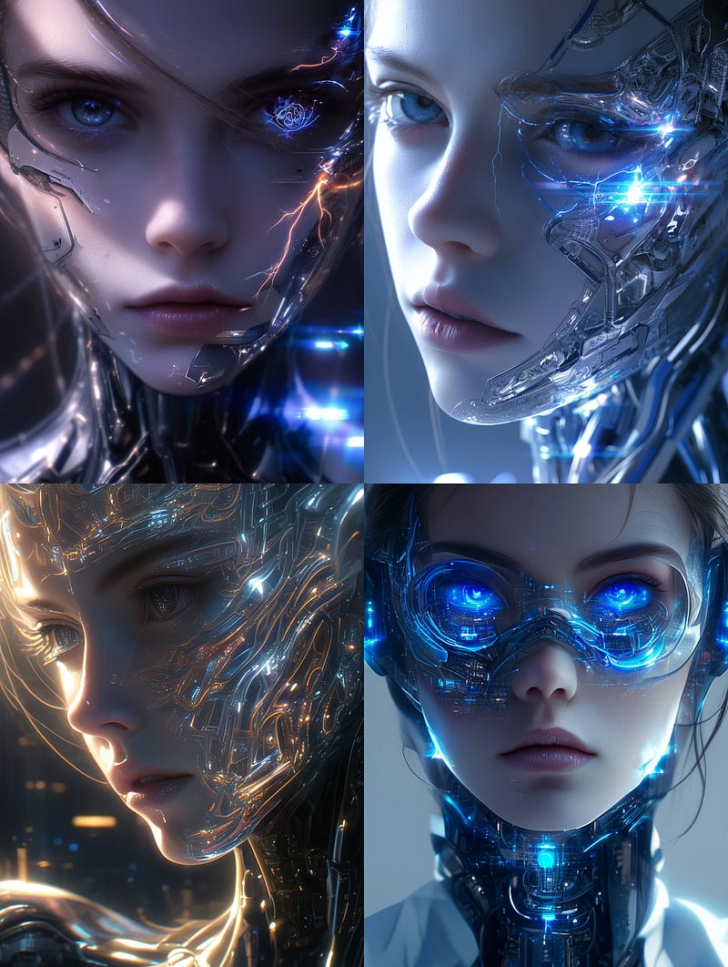 Cybernetic woman with electric and neuronal glowing