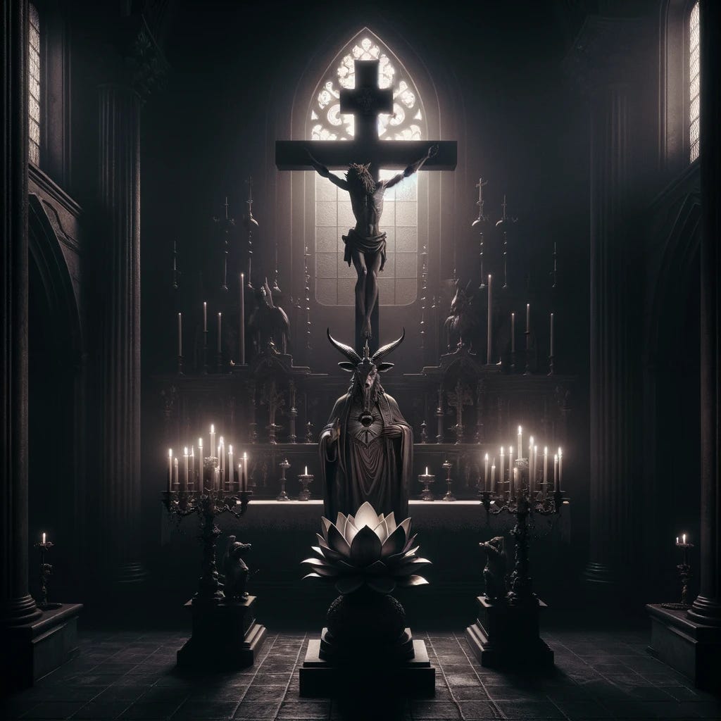 A hauntingly dark chapel interior at twilight, with a large crucifix standing solemnly at the altar, bathed in the soft, eerie glow of candlelight. To one side, a statue of Baphomet, depicted as a figure with a goat's head and human body, sits in shadowy contrast, adding an air of mystery. Nearby, a beautifully detailed lotus flower, symbolizing purity and enlightenment, lies delicately placed on the altar, offering a stark contrast to the surrounding darkness. The atmosphere is one of solemn silence, inviting contemplation and awe.