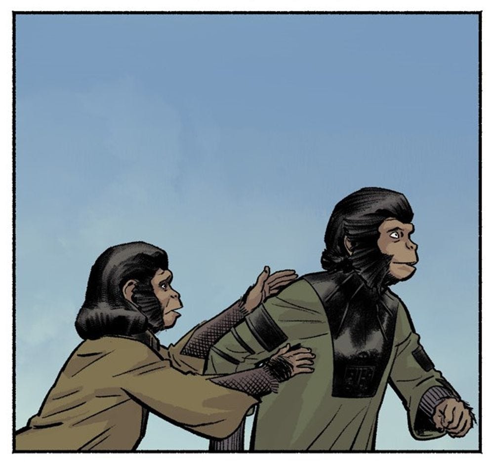 Comic-book panel without text of Zira and Cornelius from Planet of the Apes.