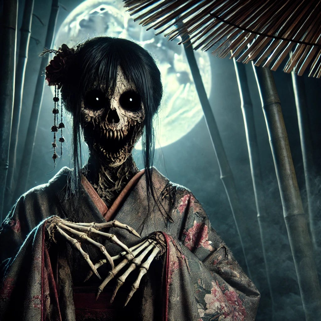 Dall-E, AI art, oiran, ghost, japan, tokyo, bamboo grove, ghost stories, scary, love, loss