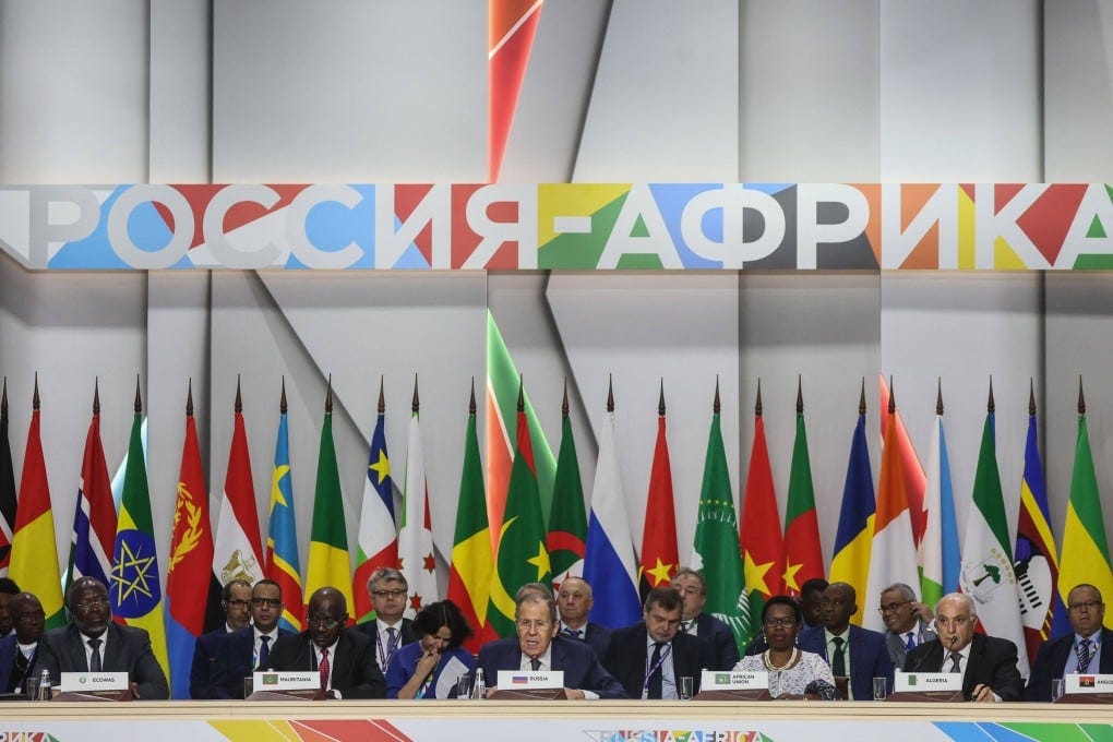 Russia’s Foreign Minister Sergei Lavrov (centre) attends the ministerial conference of the Russia-Africa partnership forum at Sirius University in Sochi on Sunday. Photo: AFP