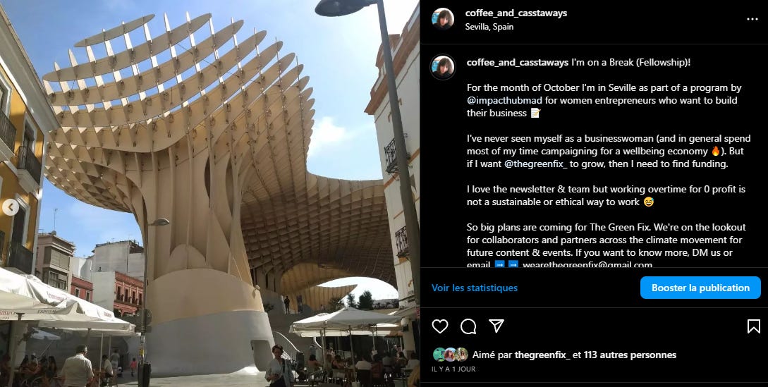 Screenshot of an Instagram post with a Seville modern architecture landmark and a post by me explaining that I'm on the fellowship in Spain