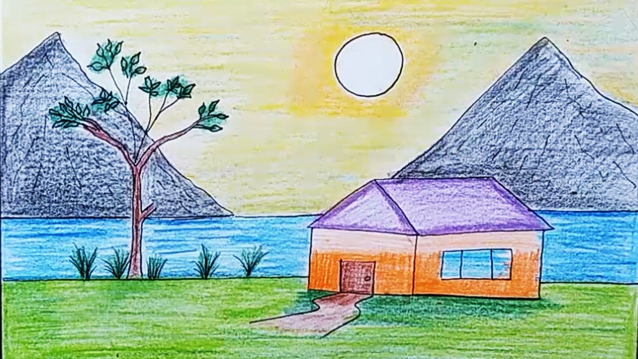 Landscape drawing | Easy landscape drawing for kids and beginners | House  and nature drawing - YouTube