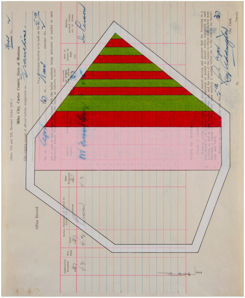 Terran Last Gun, Ancient Lands Scattered, (ink and colored pencil on antique “Miles City, Custer County, State of Montana, record of official ballots” ledger sheet (dated 1937)), 2023 [Good Luck Gallery, Kalispell, MT. © Terran Last Gun]