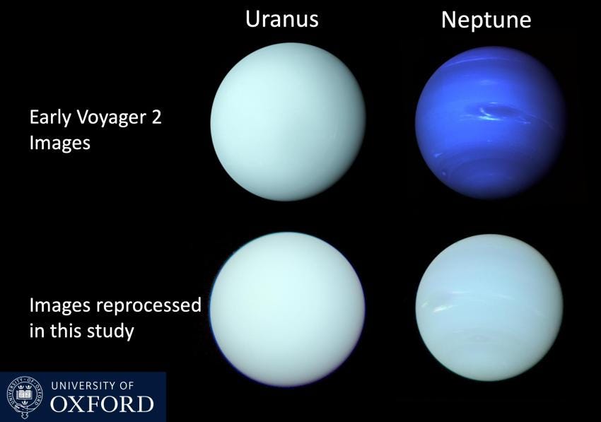 Early images of Uranus and Neptune compared to those reprocessed in a new study.