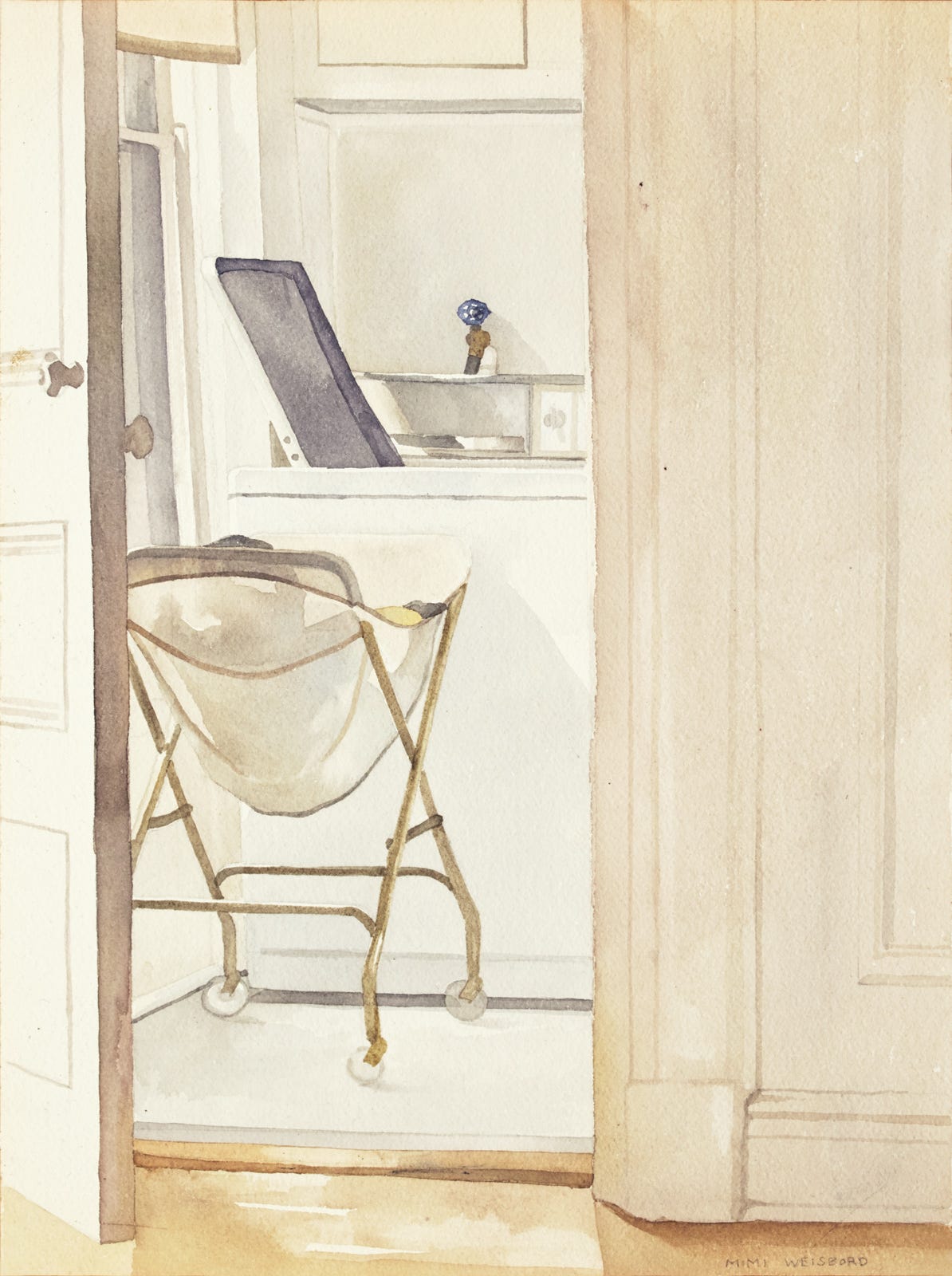 Watercolor of a doorway to laundry room with hamper and machine with open lid.