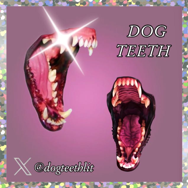 dog teeth stickers depicting the logo (two open dog mouths with shining teeth) and a glitter border