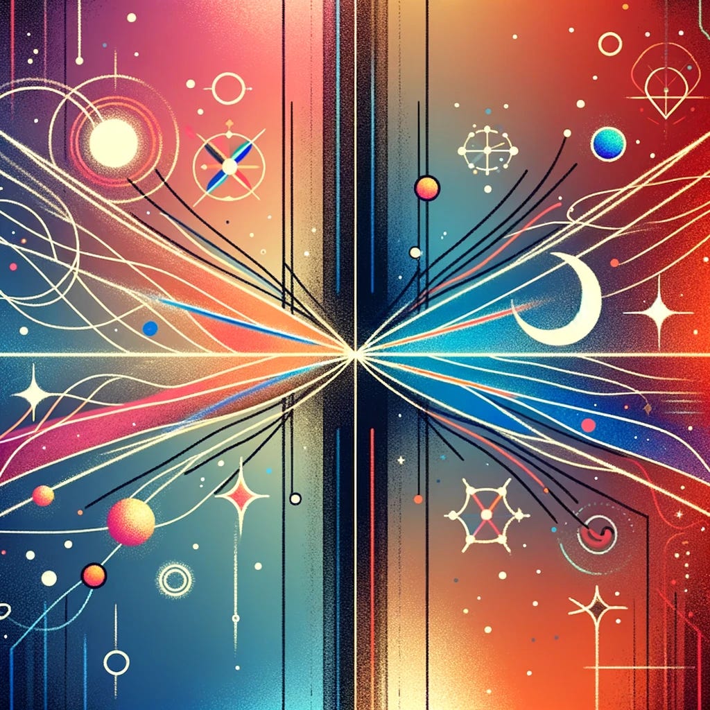 An artistic illustration showing two parallel lines, symbolizing the concept of parallel paths or entities that never meet. Each line is depicted in a distinct color to emphasize their separate paths. Around these lines, there are elements such as stars, dots, and abstract shapes, representing the potential connections and commonalities that can exist between parallel entities. The background is a gradient of colors, subtly hinting at the idea of diversity and the possibility of finding harmony in differences.