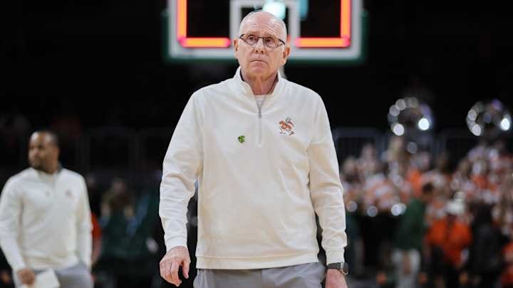 Feb 24, 2024; Coral Gables, Florida, USA; Miami Hurricanes head coach Jim Larranaga looks on after the game against the Georgia Tech Yellow Jackets at Watsco Center. Mandatory Credit: Sam Navarro-Imagn Images