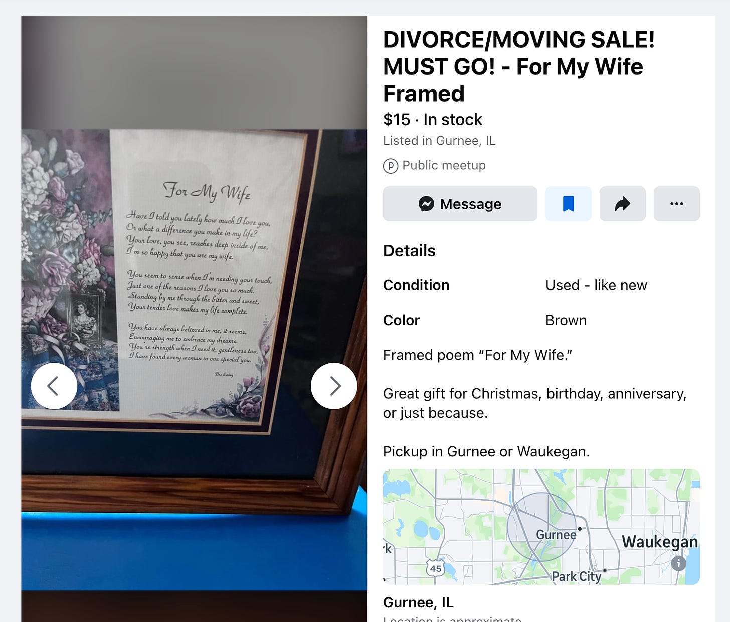 facebook marketplace listing for DIVORCE / MOVING SALE, framed poem "For My Wife. Great gift for Christmas, birthday, anniversary, or just because"