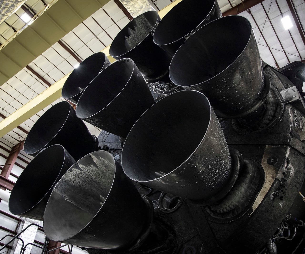 Nine Merlin engines on a landed Falcon 9 booster. Official SpaceX photo.