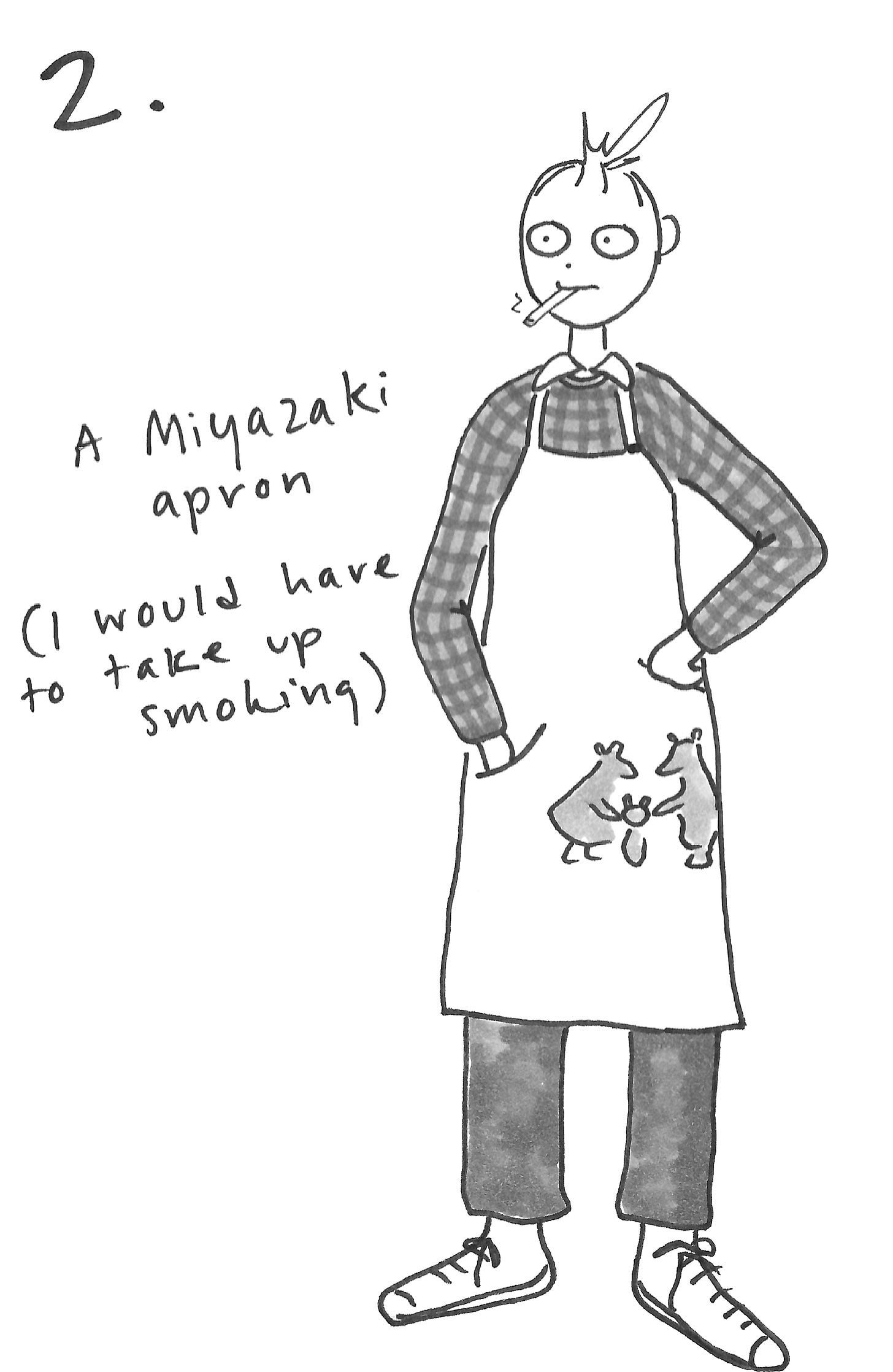 A drawing of Eliza in a checked sweater, wearing an apron with three little bears on the hip. A cigarette dangles from her mouth.