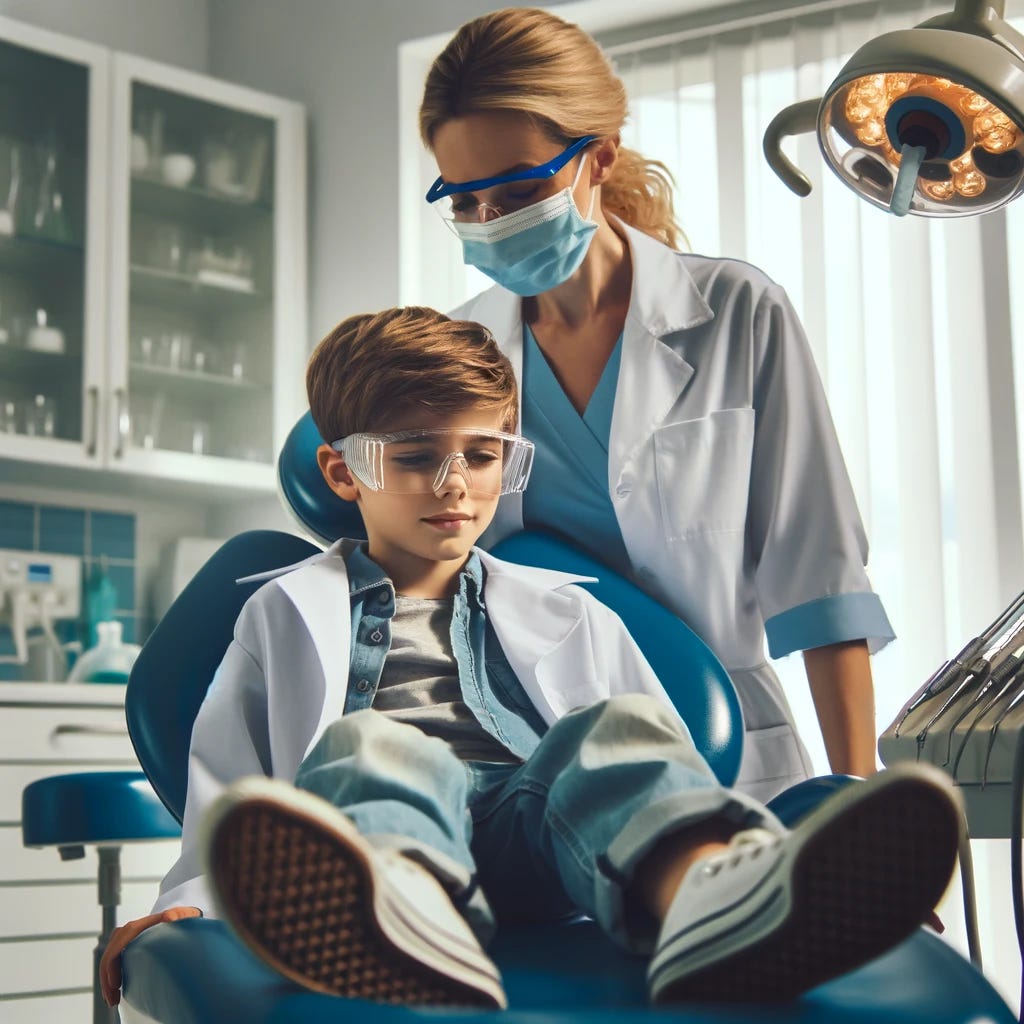 In this adjusted scene, the young boy retains his identity as a scientist even while seated in the dental chair. He's wearing his white lab coat over casual clothing, suggesting a direct transition from his scientific explorations to this dental visit. Additionally, he has safety goggles pushed up onto his forehead, further emphasizing his scientific persona. The female dentist, professional and caring, is dressed in a light blue uniform with protective glasses. She leans over him with a dental drill, her posture both reassuring and professional. The dental office is modern and well-equipped, highlighting a blend of healthcare and scientific curiosity. The focus is clearly on the boy's dual identity as a patient and a young scientist, with no animals or unrelated distractions present in the scene.