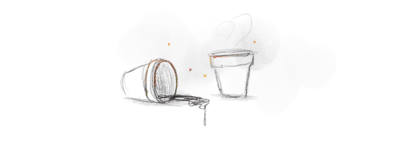 Sketch of styrofoam coffee cups, one tipped over and spilling onto the table. The edges of both are catching fire, and smoking.