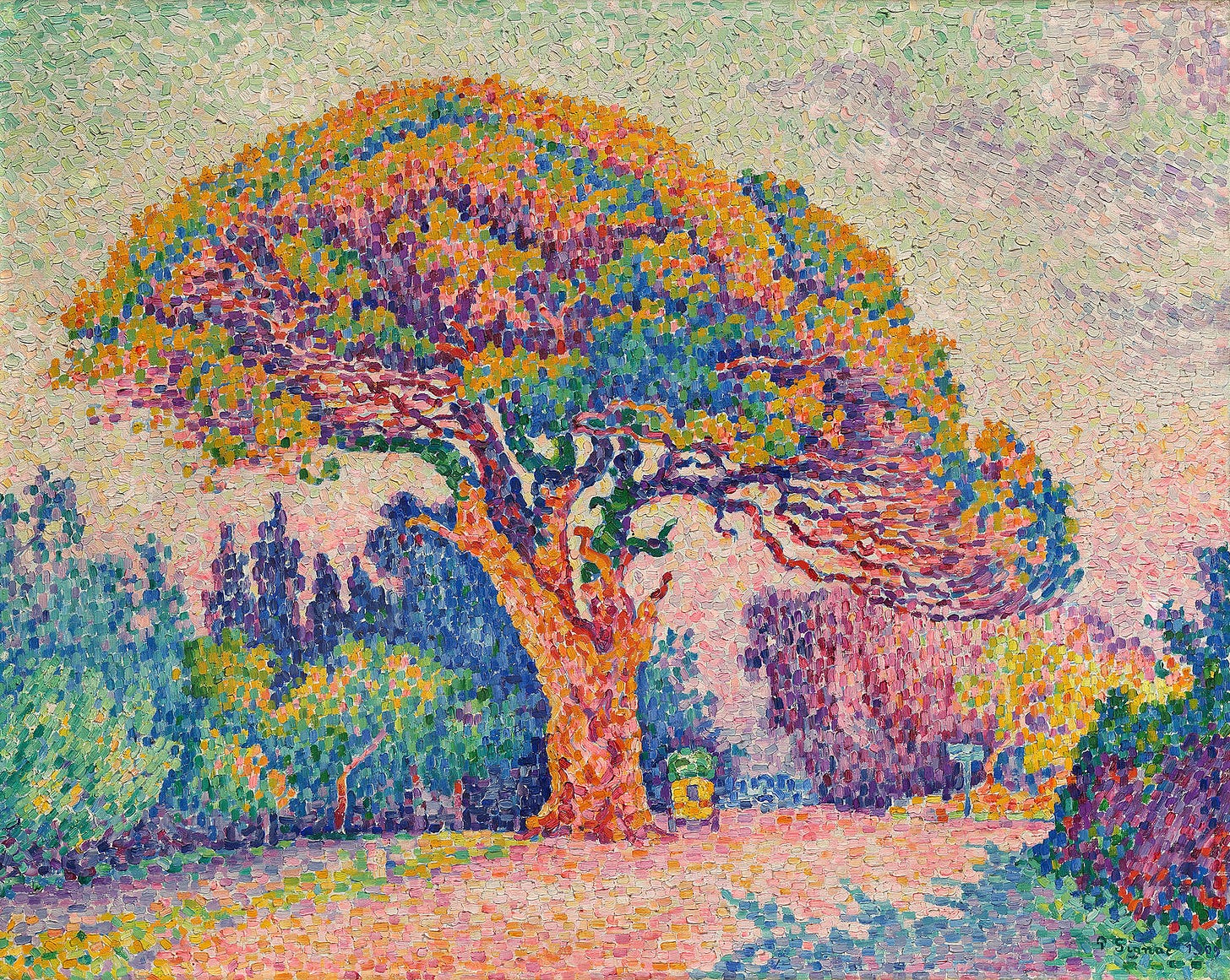 Oil painting depicting a forest landscape and large tree at its center, all portrayed with vivid, bright combinations of color