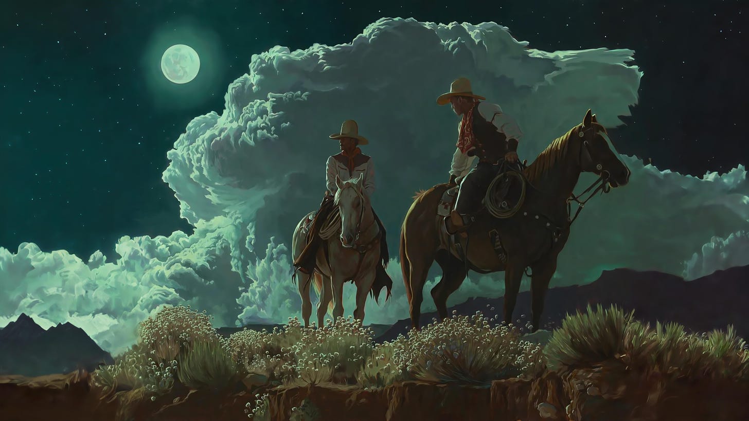 Riders of the Coyote Moon by Mark Maggiori, Upscaled and Outpainted [10240  x 5760] : r/StableDiffusion