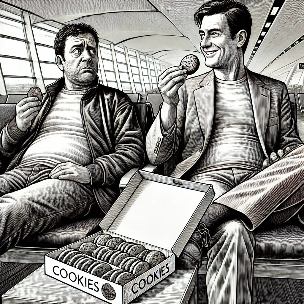A black-and-white, detailed illustration showing a humorous and awkward scene in an airport lounge. Two men are sitting next to each other with an open box of cookies placed on the seat between them. One man looks tired and incredulous, holding a cookie while glaring at the other man. The second man, calm and smiling, is casually taking a cookie from the box. The background shows a clean and minimalistic airport setting with rows of seats and large windows. The illustration emphasizes the tension and humor of the shared cookies moment.