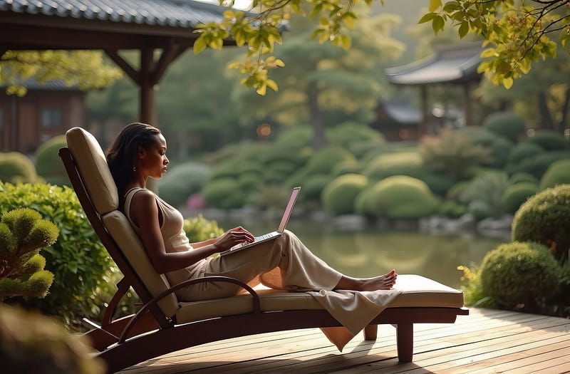 African woman sitting on a deck chair in a Japanese garden typing on her MacBook Pro.