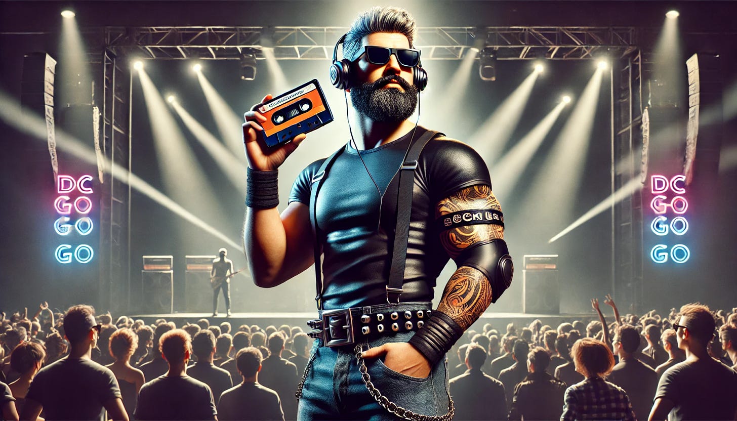 A futuristic middle-aged man with a full beard, head of hair, and wearing sunglasses, standing at a high-energy DC go-go show. He’s listening to a retro cassette Walkman, holding it casually in one hand with headphones over his ears. The man is dressed like a classic 1980s DC hardcore punk figure, inspired by Henry Rollins or Black Flag. His outfit includes a tight black t-shirt, ripped jeans, and worn-out sneakers, with visible tattoos on his arms. Around him, the crowd is alive with energy, with bright stage lights flashing, and the atmosphere is electric. The man stands confidently, looking ready to rock out, keeping his cool demeanor while staying in the moment at the show.