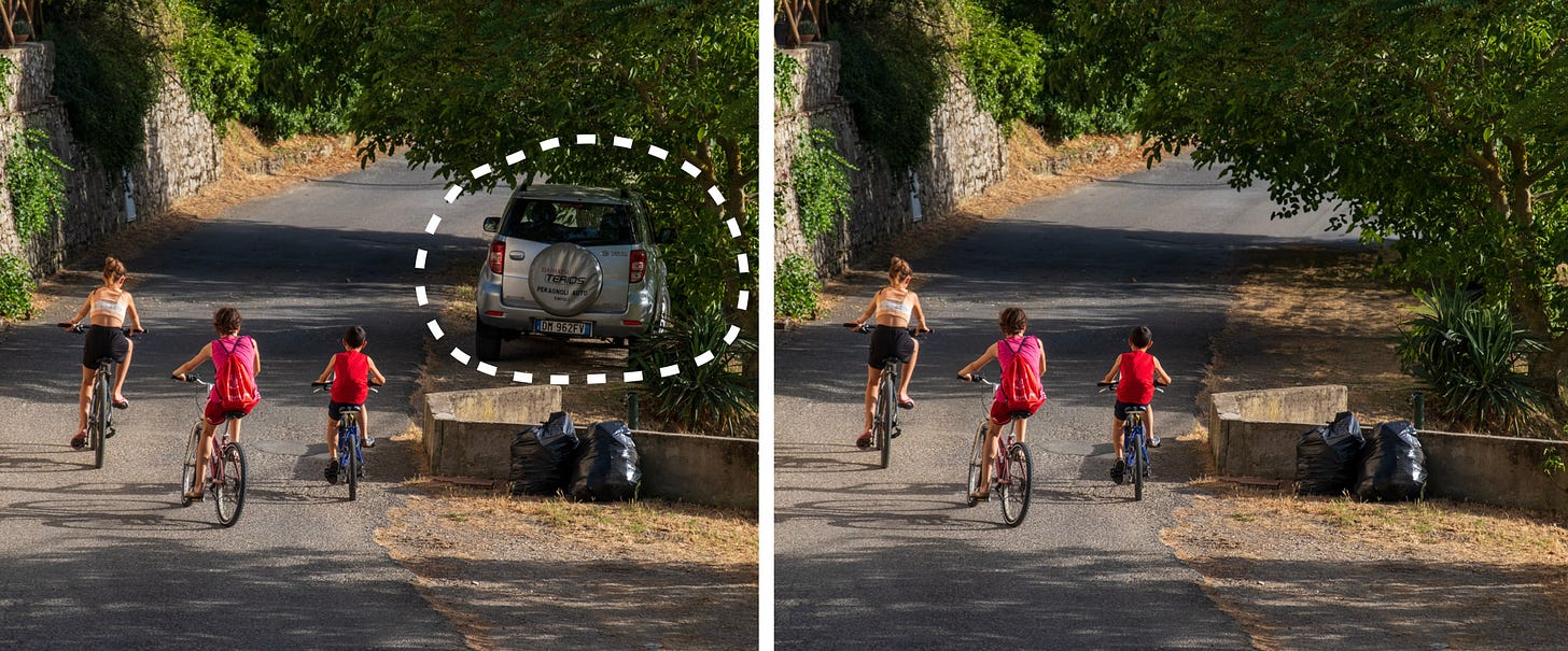 Two views of the same photo of a trio of children riding bikes away from the camera on an Italian country road. In the first is a car at the side of the road with a superimposed dashed line around it. in the second, the car has been removed using Photoshop.