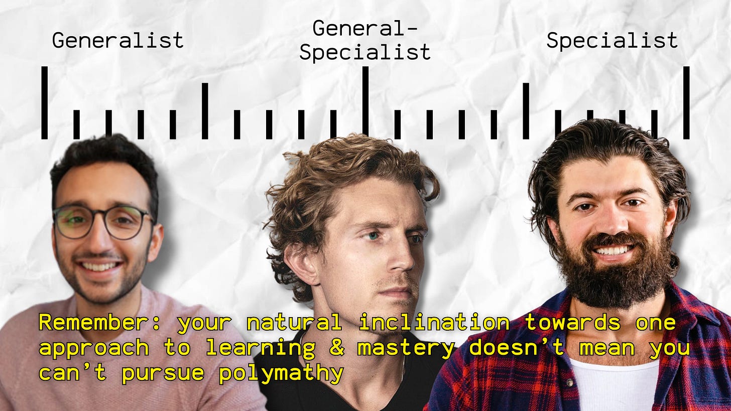 A scale from generalist to specialist, with popular YouTubers Ali Abdaal (generalist), Dan Koe (general-specialist), and Alex Hormozi (specialist) A scale from generalist to specialist, with popular YouTubers Ali Abdaal (generalist), Dan Koe (general-specialist), and Alex Hormozi (specialist)
