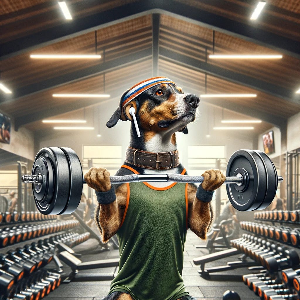 Envision a dog embracing the peak of fitness and technology, working out in a gym with wireless earbuds. This canine athlete, adorned with a sporty bandana, is intensely focused on a weightlifting session, showcasing determination and strength. The gym is a modern facility, filled with high-end exercise equipment and reflecting a vibrant atmosphere. The wireless earbuds, sleek and almost invisible, provide the dog with upbeat music, enhancing its workout experience. This scene cleverly illustrates the fusion of contemporary tech with active lifestyles, even extending to our four-legged friends, in a humorous and imaginative manner.