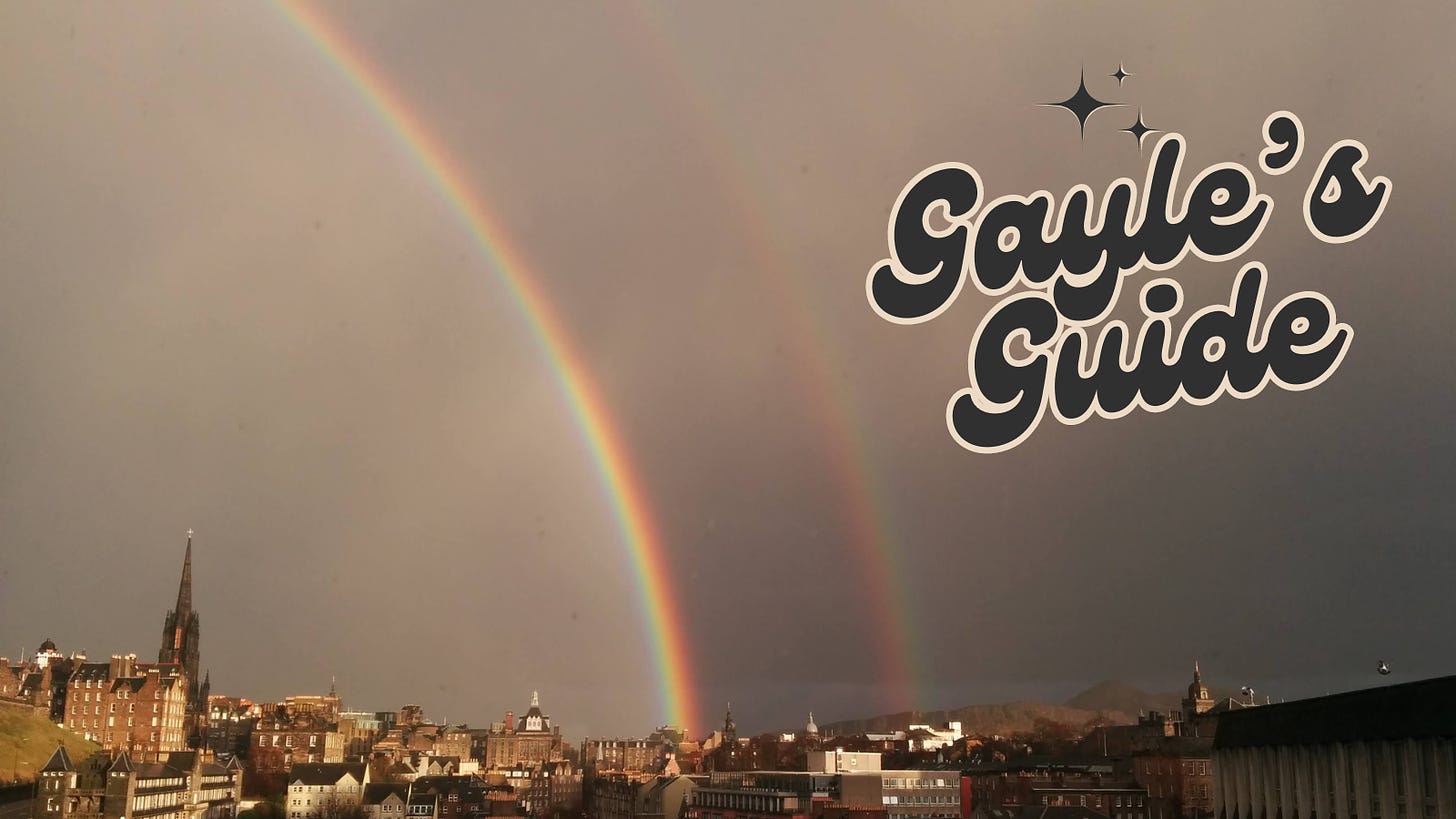 Edinburgh skyline with storm clouds and double rainbow. Gayle's Guide