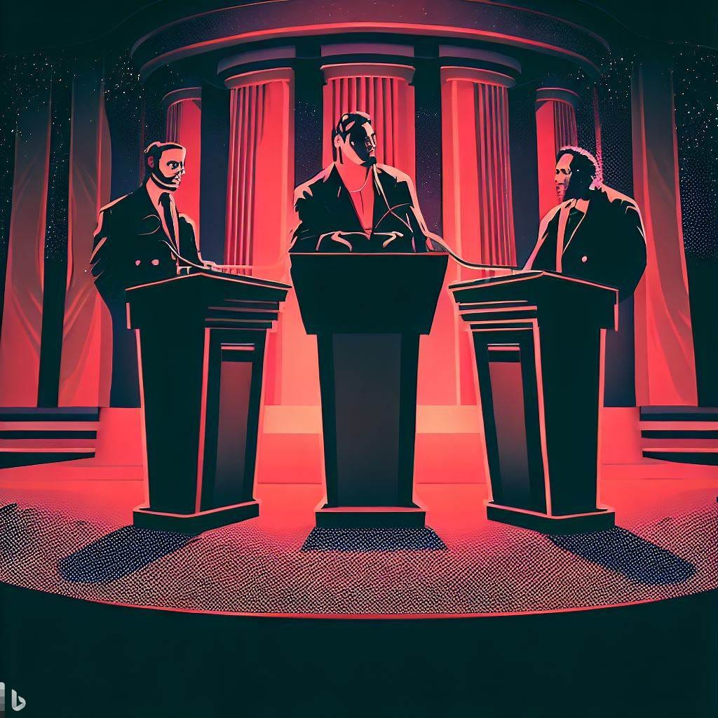 Republican candidates debate on a stage, art deco, dramatic, noir