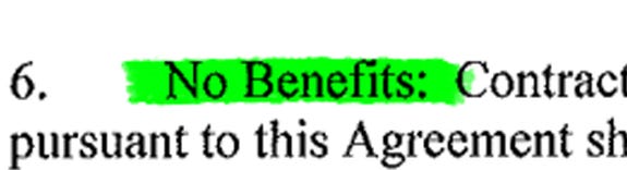 Snippet from Young Turks independent contractor agreement with green highlight over the text "No Benefits"