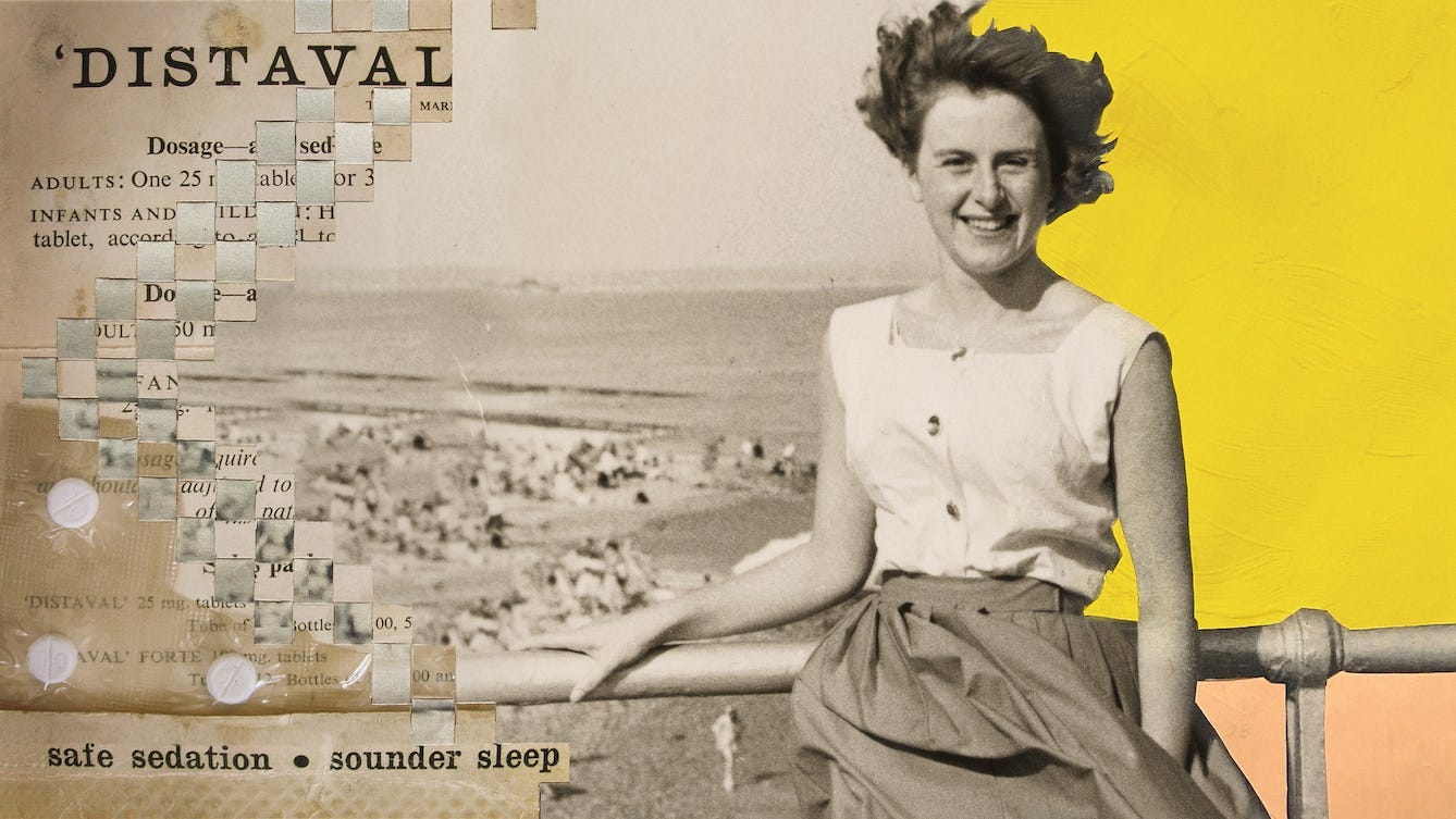 Mix media artwork made up of archive photographs and painted elements. The image shows a sepia toned photograph of a woman from the waist up standing with one arm resting on the handrail of a seaside walkway. In the distance is the horizon line of the sea meeting the sky and small distant figures on the sunlit sandy beach. The woman is smiling to the camera in a relaxed manner, her hair and skirt being blown by the wind. She is wearing a white sleeveless blouse. Behind her to the right the background of the photograph has been painted over with bright yellow textured paint above the handrail and light orange below. To the left of the image the beach scene is cut into strips and physically latticed into another archive photograph of an advert for a drug. The words 'Distaval' can be made out at the top and at the bottom the words, 'safe sedation' and 'sounder sleep'.  Resting on top of the advert are 3 white tablets in a transparent packet. 