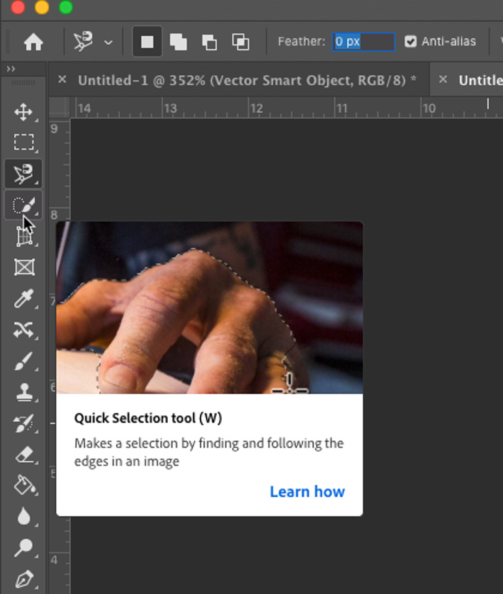 Photoshop shows a hover-based tooltip with an animation showing the effect of the tool